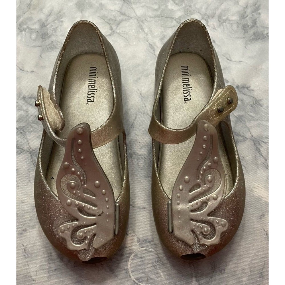 Mini Melissa Silver Butterfly Wing Little Girl Toddler Sandals Shoes, Size 9